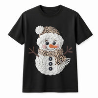Faux Yarn Macrame Graphic Tee, Leopard Print Snowman Christmas Shirt, Adorable Holiday Snowman T-Shirt, Winter Snowman Graphic Tee Present for Her