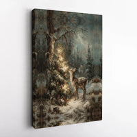 Snowy Winter Fawn Glowing Tree Print Digital Download, Christmas Forest Deer Canvas Wall Art, Comfy Holiday Poster, Seasonal Christmas Decor