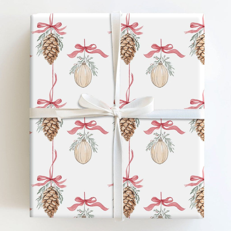 Watercolor Ornament Holiday Gift Wrap, Pinecone Christmas Wrapping Paper, Rustic Winter Wrapping Paper, Festive Xmas Gift Wrapping Paper