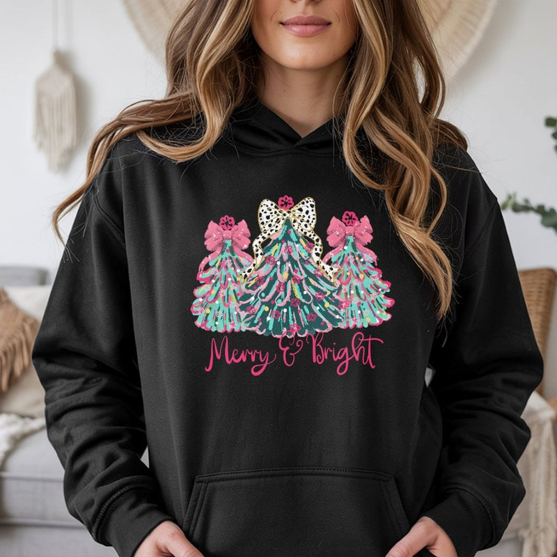 Leopard Print Xmas Tree Hoodie, Merry and Bright Christmas Hoodie, Colorful Holiday Sweatshirt, Christmas Hooded Sweatshirt, Present for Her