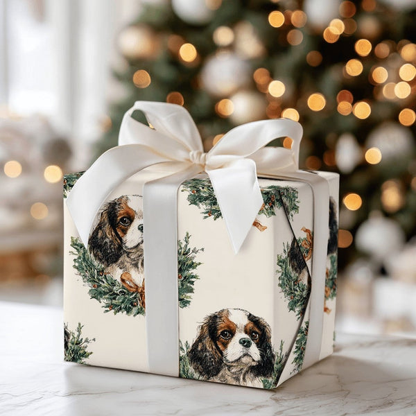 Vintage Spaniel Wreath Gift Wrap, Cavalier King Charles Wrapping Paper, Adorable Dog Christmas Wrapping Paper, Holiday Pet Gi