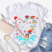 Heart Graphic Tee, Christmas Books Santa Hats Snowflakes T-Shirt, Bookish Holiday Shirt, Adorable Reader Xmas Present