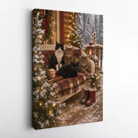 Snowy Porch Cat Wall Art, Christmas Cats Canvas, Comfy Cabin Holiday Cat Print, Winter Plaid Cat Canvas Art, Cat Lover Present Decor