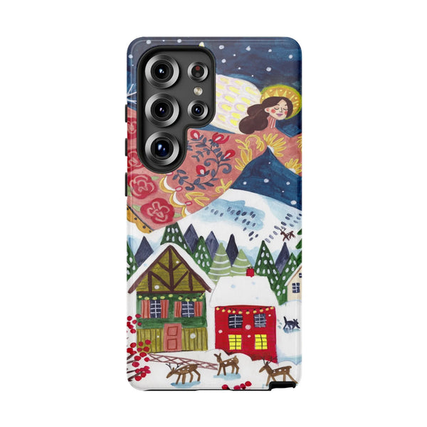 Christmas Folk Art Snow Tough Phone Case, Winter Village Angel Samsung Galaxy Case, Nostalgic Holiday Season Tech Present Cov