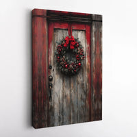 Red Barn Door Farmhouse Holiday Print, Rustic Christmas Wreath Canvas Wall Art, Winter Festive Decor, Digital Download Printable Poster