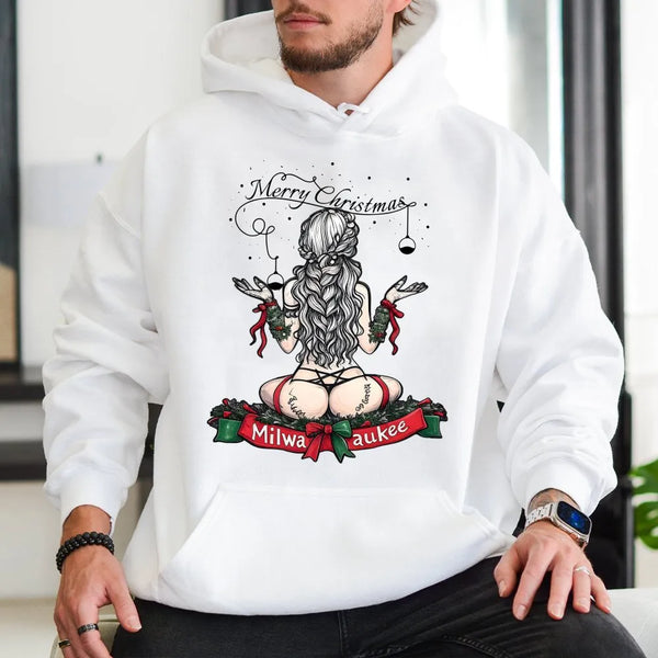 Merry Christmas Pinup Girl Hoodie, Milwaukee Christmas Hoodie, Vintage Holiday Graphic Hooded Sweatshirt, Comfy Winter Xmas P