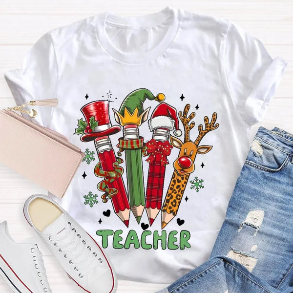Reindeer Antlers Educator Graphic Tee, Christmas Pencil Deer Teacher Shirt, Festive Classroom Holiday T-Shirt, Teacher Xmas P
