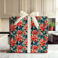 Dark Moody Floral Gift Wrap, Watercolor Poinsettia Wrapping Paper, Vintage Red Christmas Wrapping Paper, Botanical Holiday Gift Wrap Roll