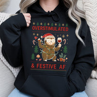 Humorous Sloth Christmas Sweatshirt, Overstimulated & Festive AF Hoodie, Wine Lover Xmas Pullover, Holiday Humor Sloth Hooded Sweatshirt