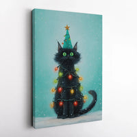 Holiday Cat in Lights Print, Black Cat Christmas Tree Wall Art Digital Download, Whimsical Christmas Cat Poster, Festive Animal Wall Art