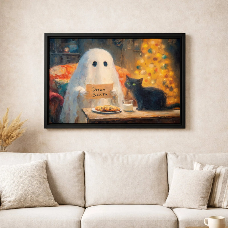 Black Cat Dear Santa Canvas Art, Ghost Christmas Canvas Print, Whimsical Holiday Ghost Canvas, Festive Winter Wall Decor, Xmas Art Present