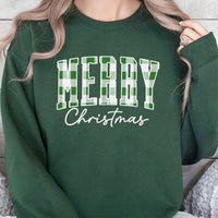 Green Buffalo Plaid Christmas Sweater, Merry Christmas Sweatshirt, Varsity Letter Holiday Crewneck, Comfy Xmas Pullover, Christmas Present