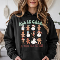 Gingerbread First Grade Christmas Sweatshirt, All Is Calm Teacher Christmas Hoodie, Elementary Teacher Holiday Hooded Pullover