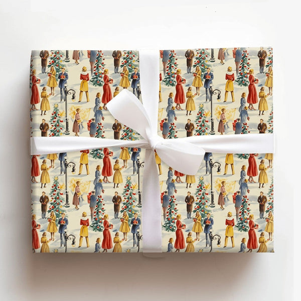 Retro Holiday Street Scene Gift Wrap, Vintage 1950s Christmas Wrapping Paper, Snowy Winter Town Wrapping Paper, Nostalgic Xma