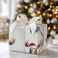 Watercolor Santa Moose Gift Wrap, Moose Christmas Wrapping Paper, Rustic Holiday Wrapping Paper Roll, Winter Wildlife Wrapping Paper