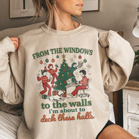 Retro Holiday Humor Graphic Sweater, Deck the Halls Christmas Sweatshirt, Humorous Office Party Xmas Crewneck, Sarcastic Christmas Pullover