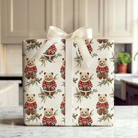 Adorable Sweater Bear Gift Wrap, Christmas Bear Wrapping Paper, Woodland Animal Holiday Wrapping Paper, Festive Winter Animal Gift Wrap Roll