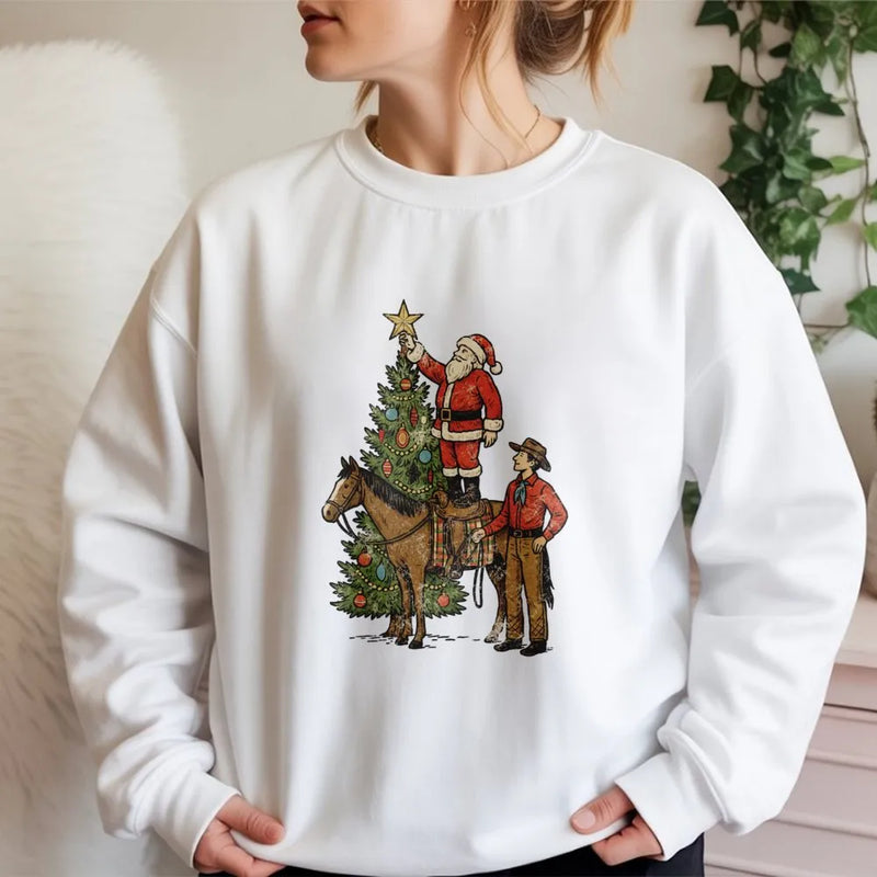 Christmas Horse Graphic Crewneck, Western Cowboy Santa Sweatshirt, Retro Country Holiday Sweater, Western Rodeo Pullover, Xmas Present for Men