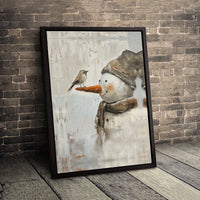 Adorable Winter Bird Canvas Print, Whimsical Snowman Canvas Wall Art, Holiday Snowman Canvas Art, Festive Farmhouse Wall Decor, Christmas Present