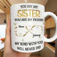 Gold Infinity Floral Custom Name Mug, Personalized Sister Ceramic Mug, Adorable Sibling Coffee Cup, Sister Birthday Christmas Present