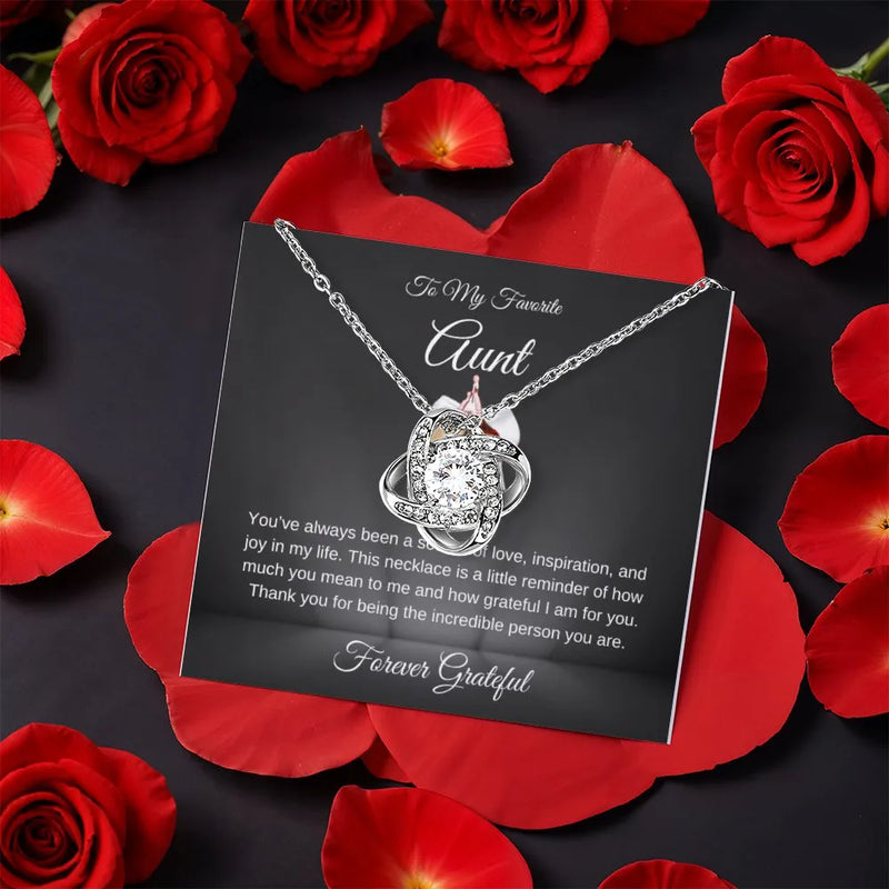 Rotating Rose Gift Box, Aunt Love Knot Necklace, Gold CZ Crystal Pendant Necklace, Thoughtful Birthday Christmas Present for Aunt from Niece