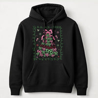 Pink Bow Aesthetic Winter Hoodie, Coquette Christmas Tree Hoodie, Merry Christmas Hooded Pullover, Adorable Holiday Girls Graphic Hoodie
