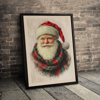 Vintage Santa Claus Canvas Print, Santa Claus Canvas Wall Art, Plaid Scarf Christmas Canvas, Holiday Wall Art, Festive Home Decor Present