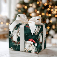Equestrian Wreath Santa Gift Wrap, White Horse Christmas Wrapping Paper, Evergreen Holiday Horse Wrapping Paper, Festive Horse Gift Wrap