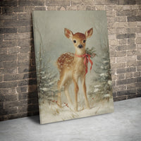 Snowy Forest Deer Holiday Print, Vintage Christmas Fawn Canvas Wall Art, Winter Baby Animal Nursery Decor, Farmhouse Poster