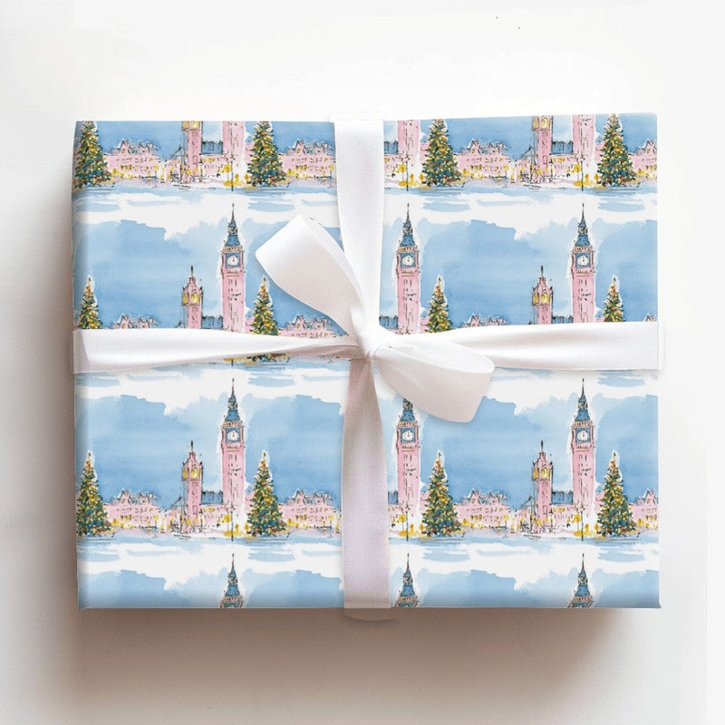 Watercolor Winter Cityscape Gift Wrap, London Big Ben Christmas Wrapping Paper, Festive London Holiday Wrapping Paper, Travel Gift Wrap Roll
