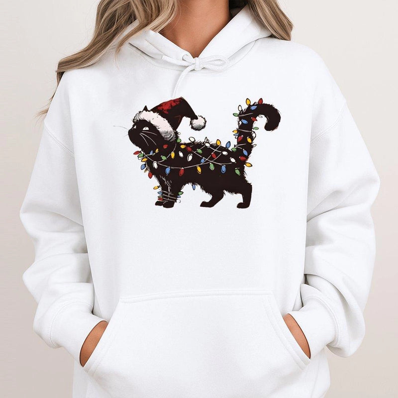 Santa Hat Fairy Lights Sweatshirt, Black Cat Christmas Hoodie, Adorable Cat Lover Holiday Pullover, Humorous Animal Hoodie, Xmas Present for Her
