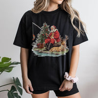 Vintage Outdoorsy Holiday T-Shirt, Fishing Santa Christmas T-Shirt, Humorous Fisherman Graphic T-Shirt, Santa Claus Fishing Xmas Tee