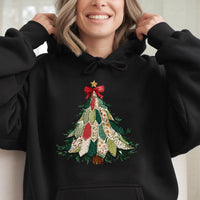 Quilted Style Holiday Graphic Sweatshirt, Patchwork Christmas Tree Hoodie, Comfy Rustic Pine Tree Pullover, Winter Aesthetic Hoodie
