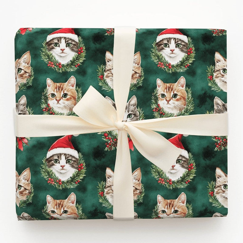 Santa Hat Kitten Gift Wrap, Christmas Cat Wrapping Paper, Holiday Wreath Cat Wrapping Paper, Festive Green Holiday Pet Lover Gift Wrap Roll