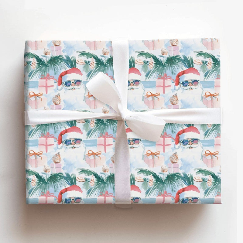 Coastal Beach Holiday Gift Wrap, Tropical Santa Christmas Wrapping Paper, Palm Tree Xmas Wrapping Paper, Summer Holiday Gift Wrap Roll