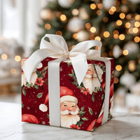 Vintage Christmas Gift Wrap, Jolly Santa Claus Wrapping Paper, Winking Santa Holiday Wrapping Paper, Red Poinsettia Gift Wrap Roll
