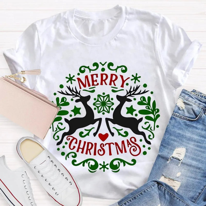 Festive Reindeer Holiday Graphic Tee, Christmas Elk T-Shirt, Winter Deer Shirt, Adorable Merry Christmas Animal T-Shirt, Xmas Apparel