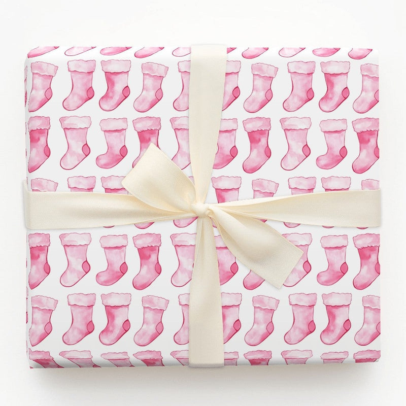 Adorable Holiday Gift Wrap, Pink Stocking Christmas Wrapping Paper, Watercolor Xmas Wrapping Paper, Baby's First Christmas Gift Wrapping Paper