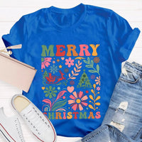 Colorful Flowers Holiday Trees Tee, Christmas Floral Tree Shirt, Botanical Xmas Graphic T-Shirt, Festive Winter Holiday Apparel