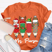 Custom Name Holiday School Graphic Tee, Personalized Christmas Pencils T-Shirt, Teacher and Student Festive Xmas Shirt