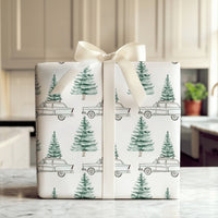 Watercolor Pine Christmas Wrapping Paper, Retro Blue Car with Tree Wrapping Paper, Vintage Winter Holiday Gift Wrap, Festive Xmas Paper Roll