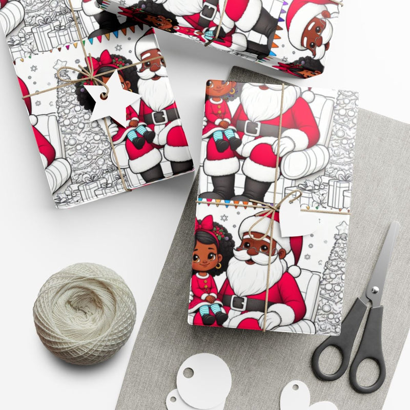 African American Santa and Girl Gift Wrap, Black Santa Wrapping Paper, Black Santa Coloring Page Paper Roll, Christmas Holiday Gift Wrap