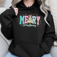 Pink Aesthetic Christmas Tree Sweatshirt, Merry Christmas Coquette Hoodie, Preppy Bow Holiday Pullover, Retro Xmas Hooded Sweater