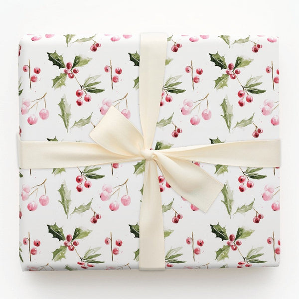 Berries Holiday Wrapping Paper, Watercolor Holly Wrapping Paper, Christmas Wrapping Paper Roll, Botanical Gift Wrap, Festive 