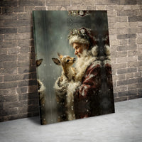 Vintage Christmas Painting Canvas Print, Santa Claus with Baby Deer Canvas, Holiday Deer Canvas Art, Winter Seasonal Wall Decor Present