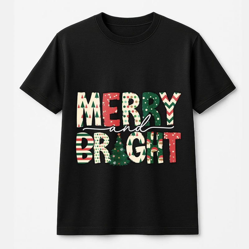 Retro Festive Graphic Holiday Tee, Merry and Bright Christmas T-Shirt, Adorable Xmas Season Shirt, Family Christmas Present Top