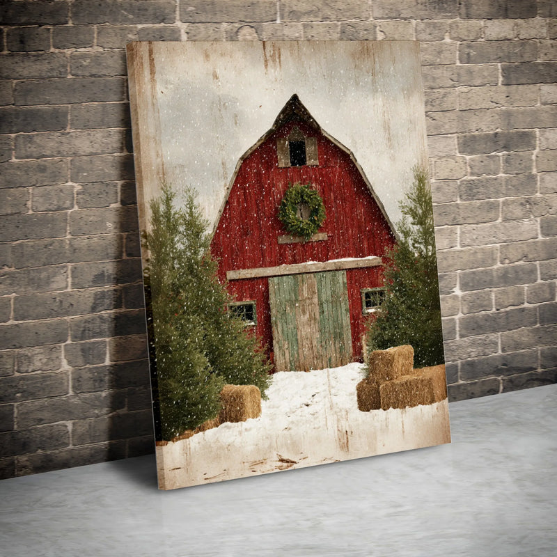 Snowy Winter Barn Wall Art, Red Barn Christmas Canvas, Rustic Farmhouse Holiday Canvas Print, Country Barn Christmas Decor, Comfy Farm Present