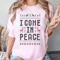 Humorous Reindeer Holiday Shirt, I Come in Peace Christmas T-Shirt, Sarcastic Ugly Xmas Tee, Retro Festive Graphic T-Shirt, Xmas Present