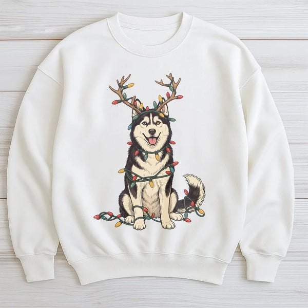 Husky in Christmas Lights Crewneck, Christmas Husky Sweatshirt, Reindeer Antlers Husky Sweater, Holiday Dog Lover Pullover, X
