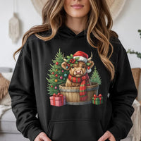 Baby Cow in Barrel Sweatshirt, Christmas Highland Cow Hoodie, Festive Farm Animal Pullover, Holiday Cow Hooded Sweatshirt, Xmas Present